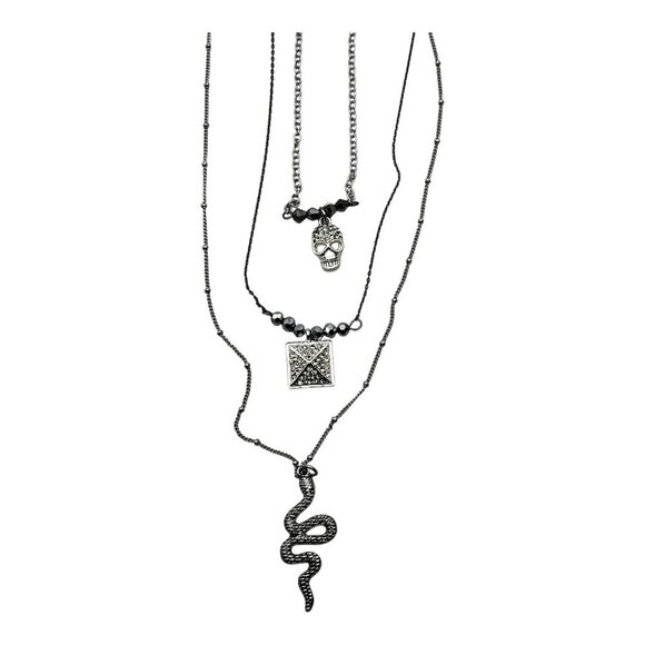 Target 3pc Layered Necklace Set With Skull Snake & Square Charms Silver Tone - Picture 5 of 15